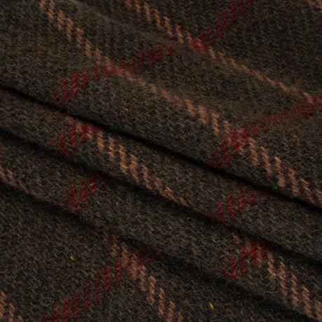 Wool Blend Tweedy Twill - Olive Brown, Tan and Red Plaid