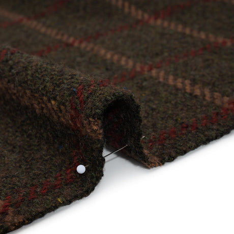 Wool Blend Tweedy Twill - Olive Brown, Tan and Red Plaid