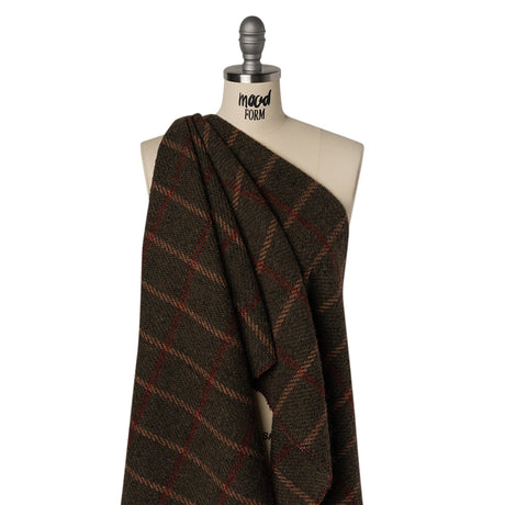 Wool Blend Tweedy Twill - Olive Brown, Tan and Red Plaid