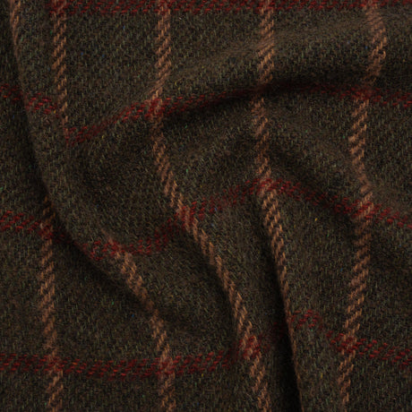 Wool Blend Tweedy Twill - Olive Brown, Tan and Red Plaid