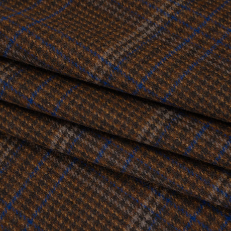 Wool Blend Tweed Twill - Brown, Cobalt Blue and Black Plaid