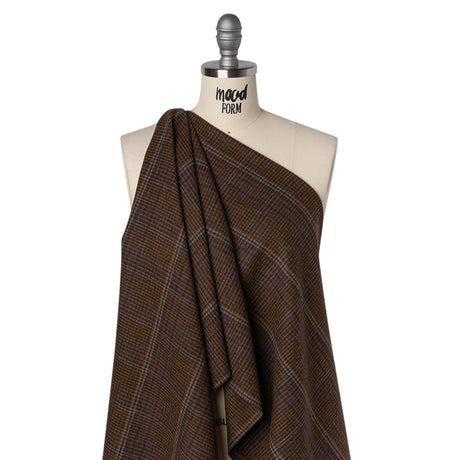 Wool Blend Tweed Twill - Brown, Cobalt Blue and Black Plaid