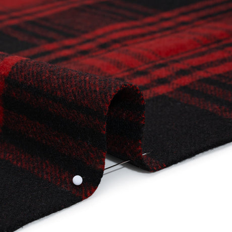 Boiled Wool Blend Tweedy Coating - Black and Red Plaid