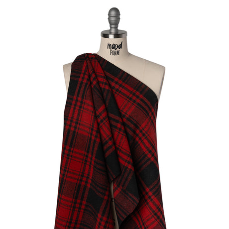 Boiled Wool Blend Tweedy Coating - Black and Red Plaid