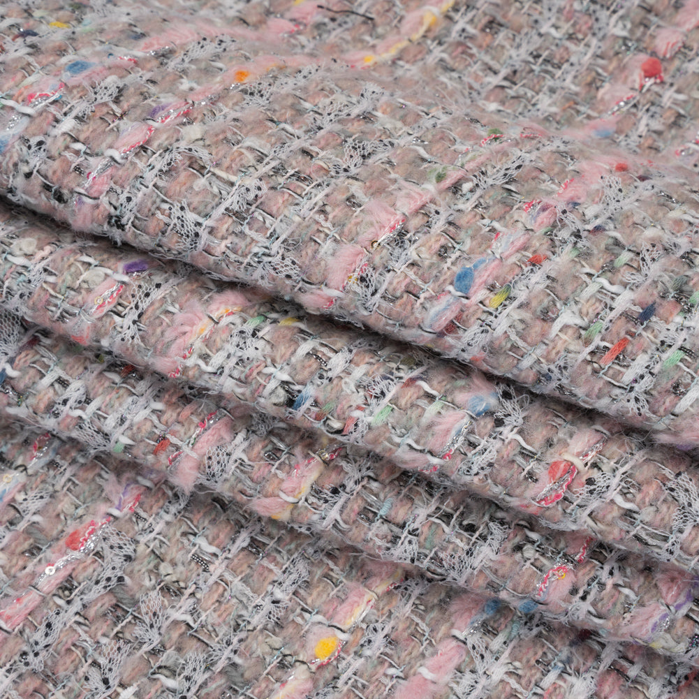 Polyester and Wool Blend Textural Tweed - Baby Pink, White and Metallic Silver