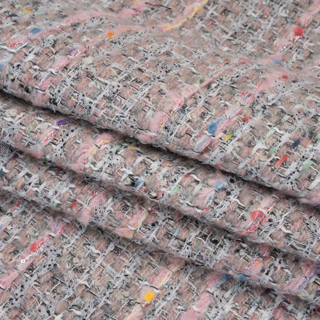 Polyester and Wool Blend Textural Tweed - Baby Pink, White and Metallic Silver