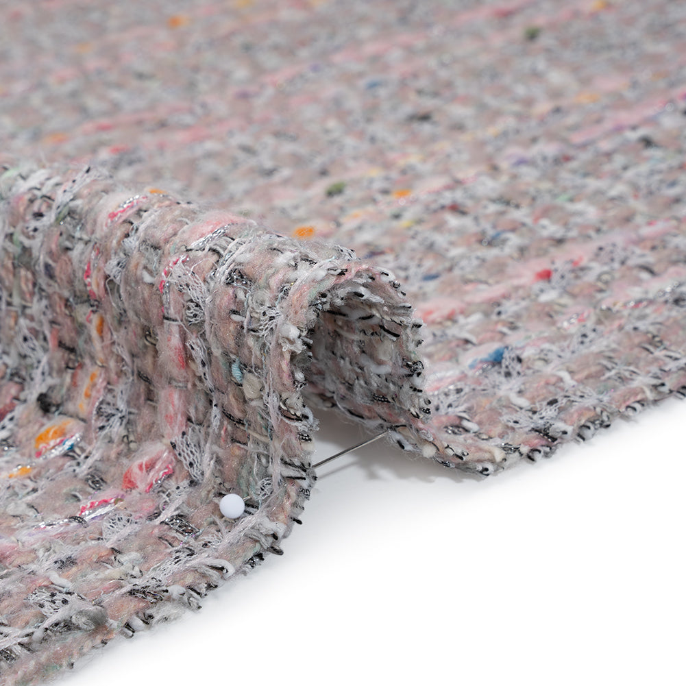 Polyester and Wool Blend Textural Tweed - Baby Pink, White and Metallic Silver