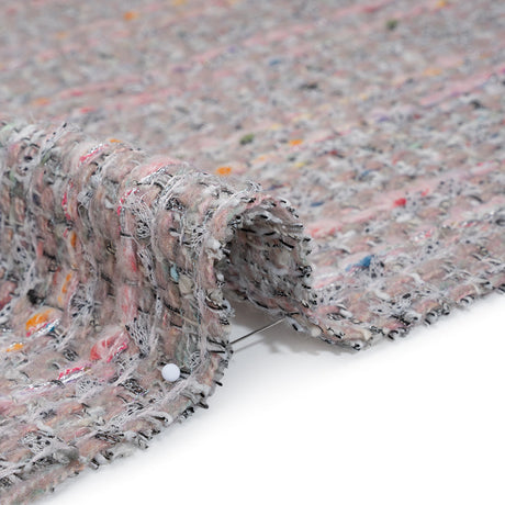 Polyester and Wool Blend Textural Tweed - Baby Pink, White and Metallic Silver