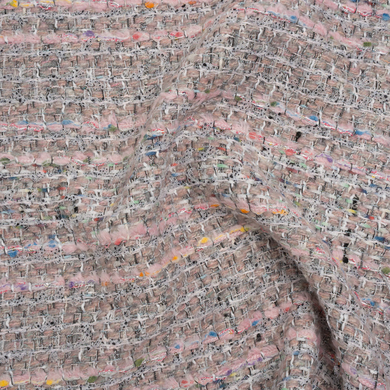 Polyester and Wool Blend Textural Tweed - Baby Pink, White and Metallic Silver