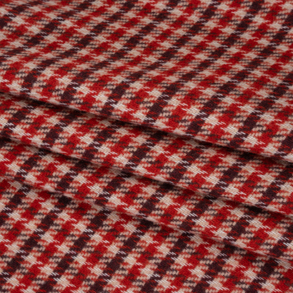 Wool Blend Tweedy Twill - Red, Burgundy and Ivory Houndstooth Plaid