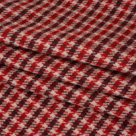 Wool Blend Tweedy Twill - Red, Burgundy and Ivory Houndstooth Plaid