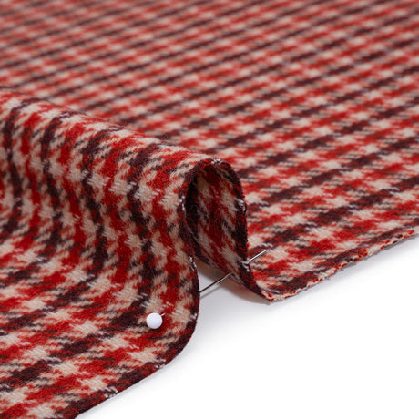 Wool Blend Tweedy Twill - Red, Burgundy and Ivory Houndstooth Plaid