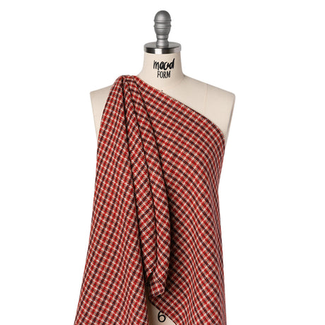 Wool Blend Tweedy Twill - Red, Burgundy and Ivory Houndstooth Plaid