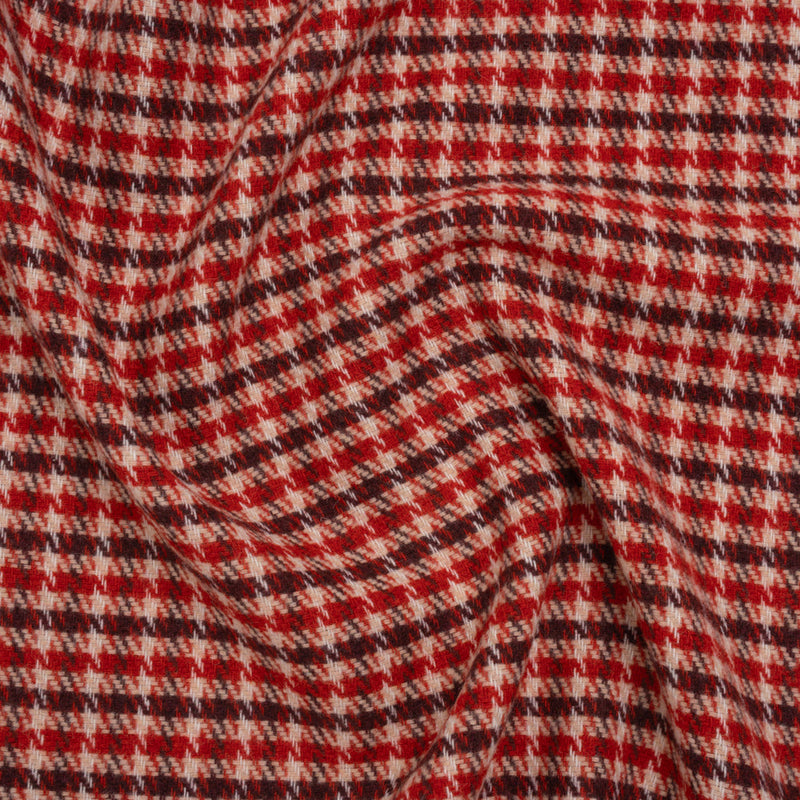 Wool Blend Tweedy Twill - Red, Burgundy and Ivory Houndstooth Plaid