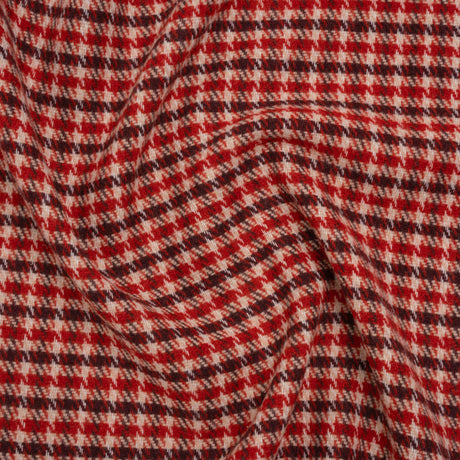 Wool Blend Tweedy Twill - Red, Burgundy and Ivory Houndstooth Plaid