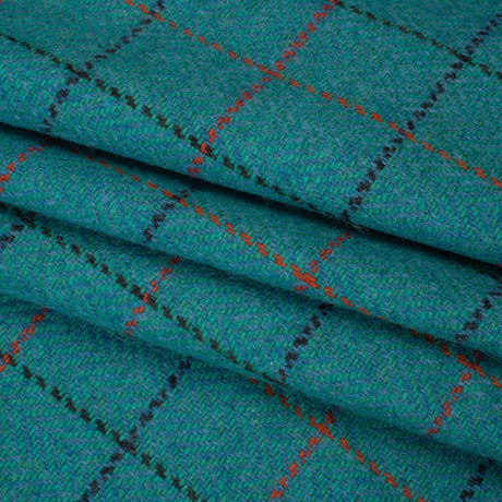 Wool Blend Tweedy Twill - Teal, Red and Navy Blue Herringbone and Plaid