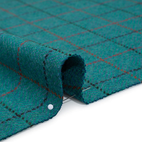 Wool Blend Tweedy Twill - Teal, Red and Navy Blue Herringbone and Plaid