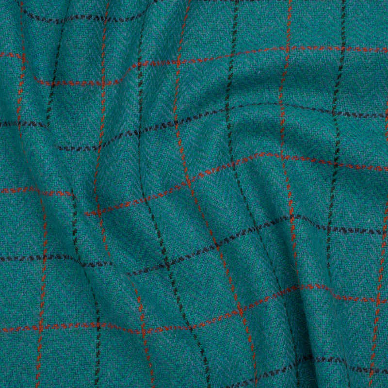 Wool Blend Tweedy Twill - Teal, Red and Navy Blue Herringbone and Plaid