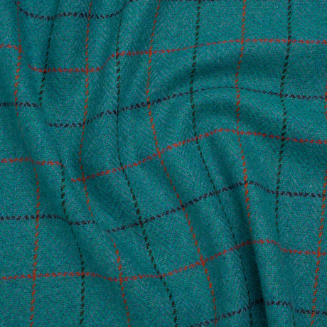 Wool Blend Tweedy Twill - Teal, Red and Navy Blue Herringbone and Plaid