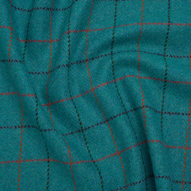 Wool Blend Tweedy Twill - Teal, Red and Navy Blue Herringbone and Plaid