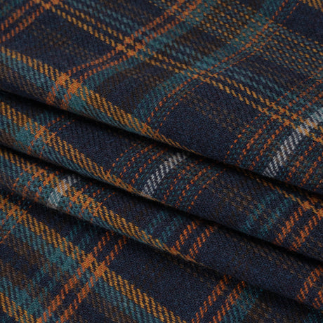 Wool Blend Tweedy Twill - Navy, Burnt Orange and Teal Blue Plaid