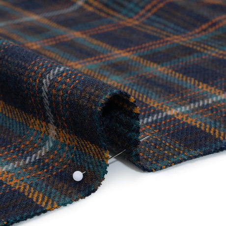 Wool Blend Tweedy Twill - Navy, Burnt Orange and Teal Blue Plaid