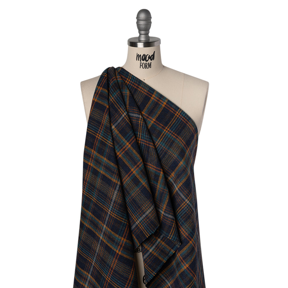 Wool Blend Tweedy Twill - Navy, Burnt Orange and Teal Blue Plaid