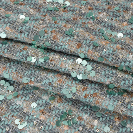 Polyester Tweed with Sequins and Beads - Mint Green, Copper and Gray Abstract over Plaid