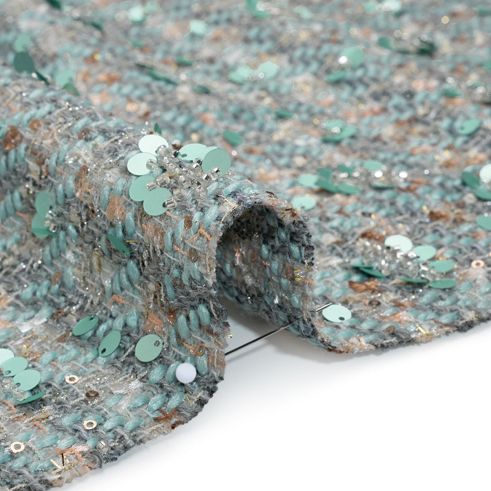 Polyester Tweed with Sequins and Beads - Mint Green, Copper and Gray Abstract over Plaid