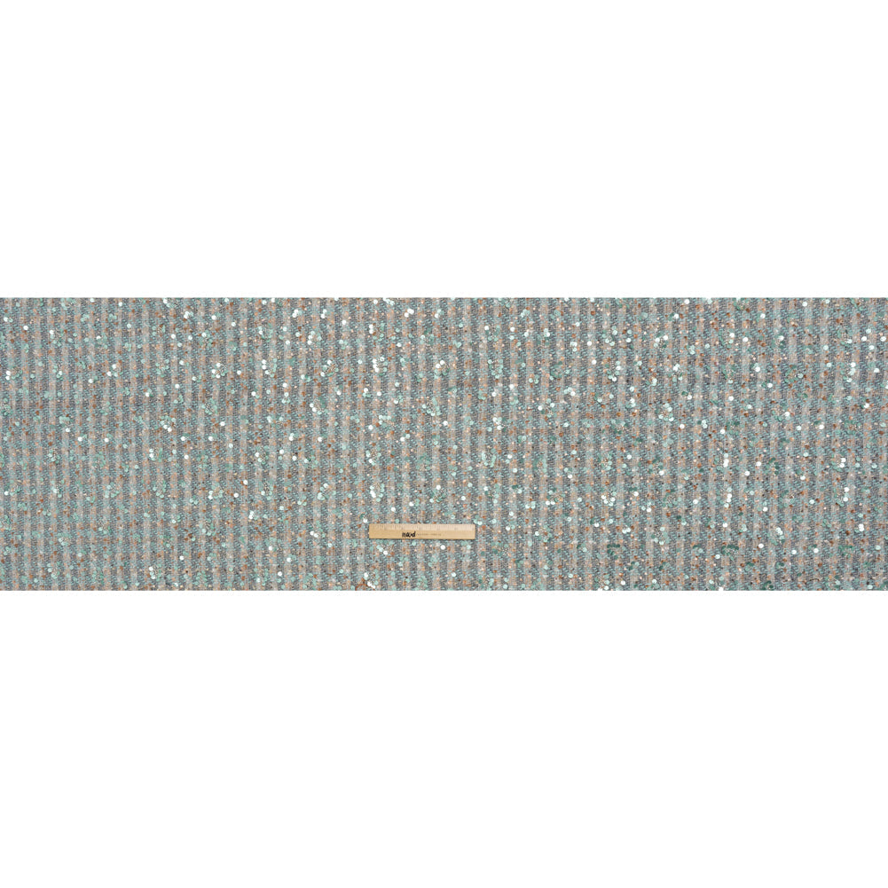 Polyester Tweed with Sequins and Beads - Mint Green, Copper and Gray Abstract over Plaid