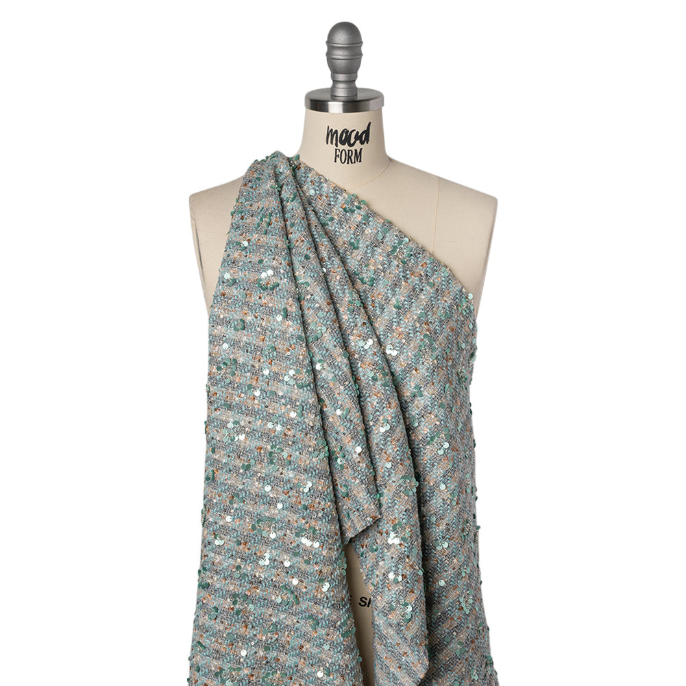 Polyester Tweed with Sequins and Beads - Mint Green, Copper and Gray Abstract over Plaid