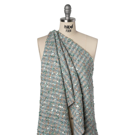 Polyester Tweed with Sequins and Beads - Mint Green, Copper and Gray Abstract over Plaid