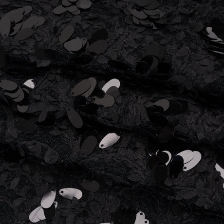 Fuzzy Tweed with Fabric Appliques and Oval Paillette Sequins - Black Vines