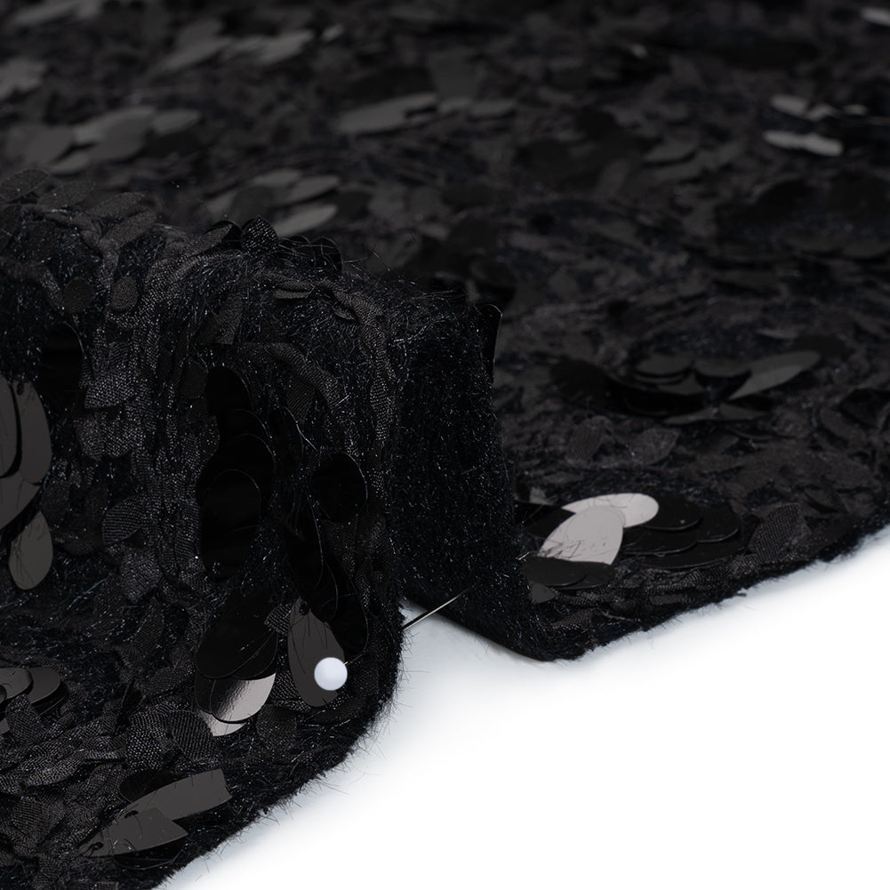 Fuzzy Tweed with Fabric Appliques and Oval Paillette Sequins - Black Vines