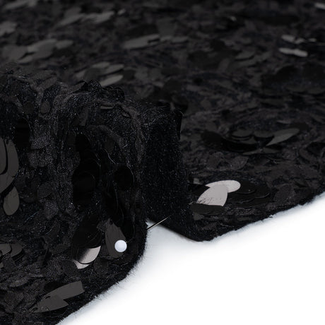 Fuzzy Tweed with Fabric Appliques and Oval Paillette Sequins - Black Vines