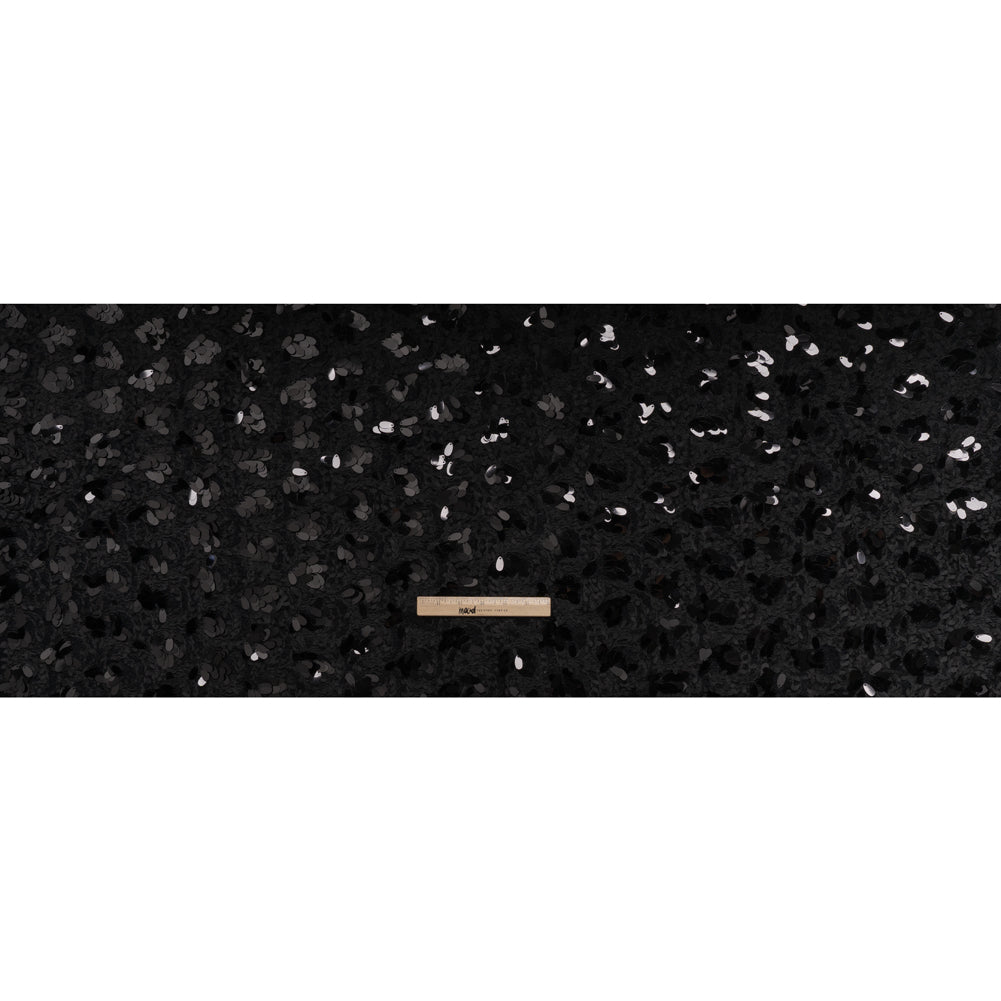Fuzzy Tweed with Fabric Appliques and Oval Paillette Sequins - Black Vines