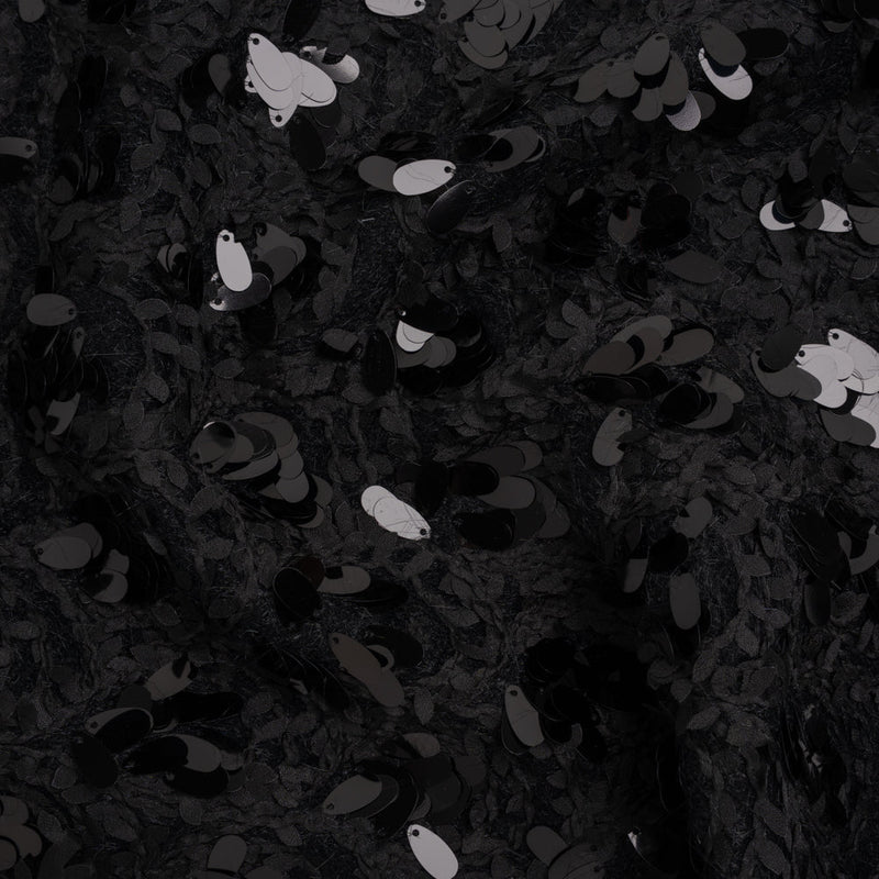 Fuzzy Tweed with Fabric Appliques and Oval Paillette Sequins - Black Vines