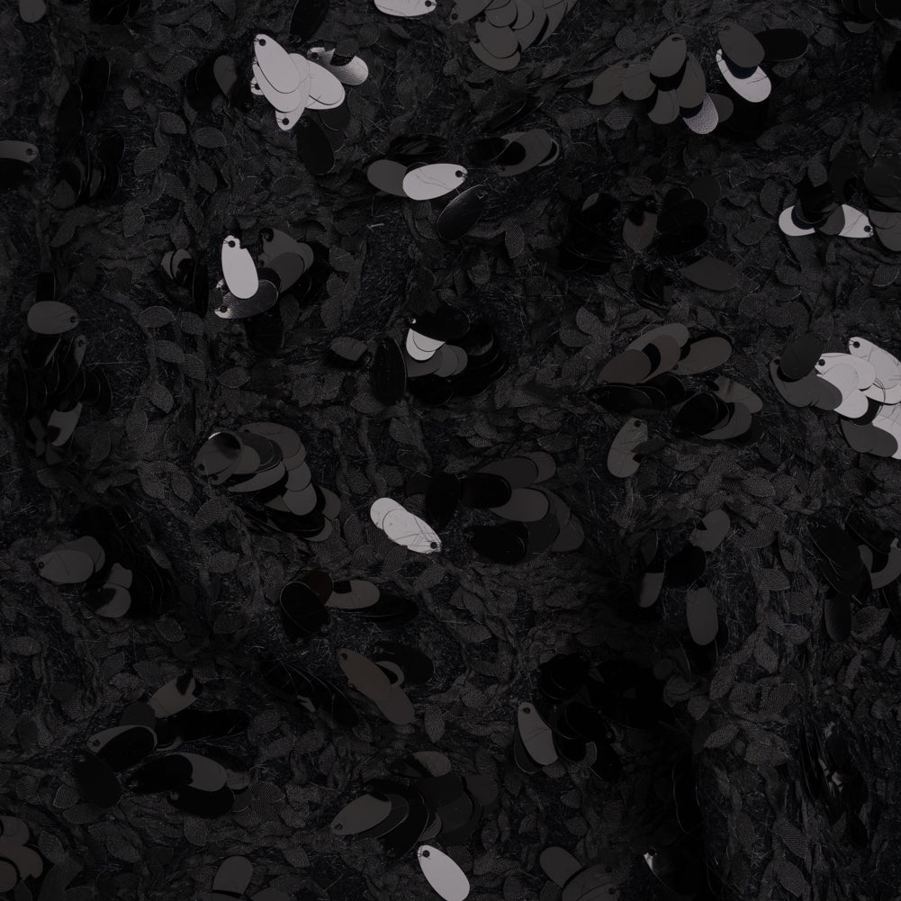 Fuzzy Tweed with Fabric Appliques and Oval Paillette Sequins - Black Vines