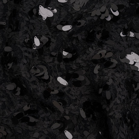 Fuzzy Tweed with Fabric Appliques and Oval Paillette Sequins - Black Vines