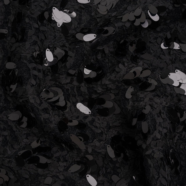 Fuzzy Tweed with Fabric Appliques and Oval Paillette Sequins - Black Vines