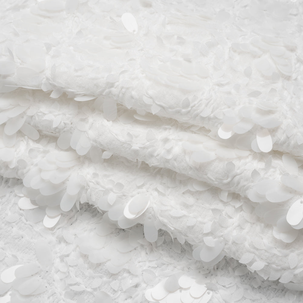 Fuzzy Tweed with Fabric Appliques and Oval Paillette Sequins - White Vines