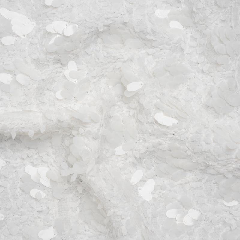 Fuzzy Tweed with Fabric Appliques and Oval Paillette Sequins - White Vines