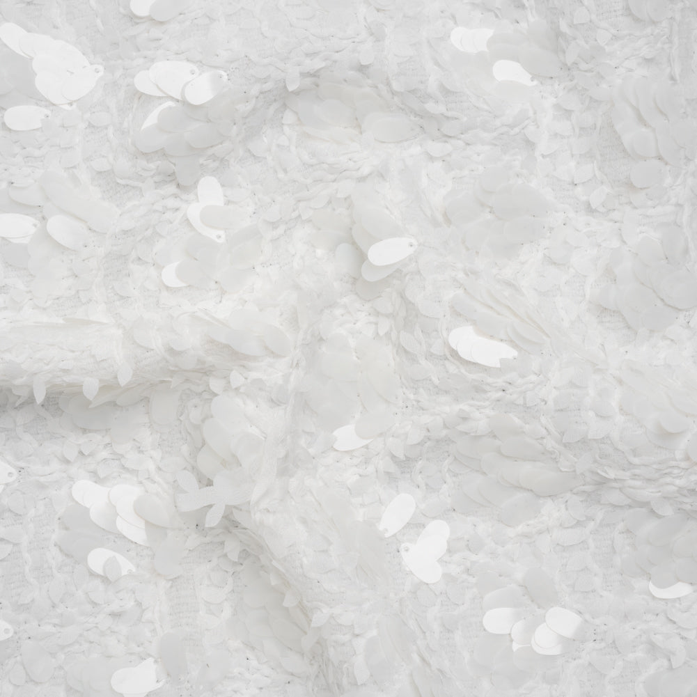 Fuzzy Tweed with Fabric Appliques and Oval Paillette Sequins - White Vines