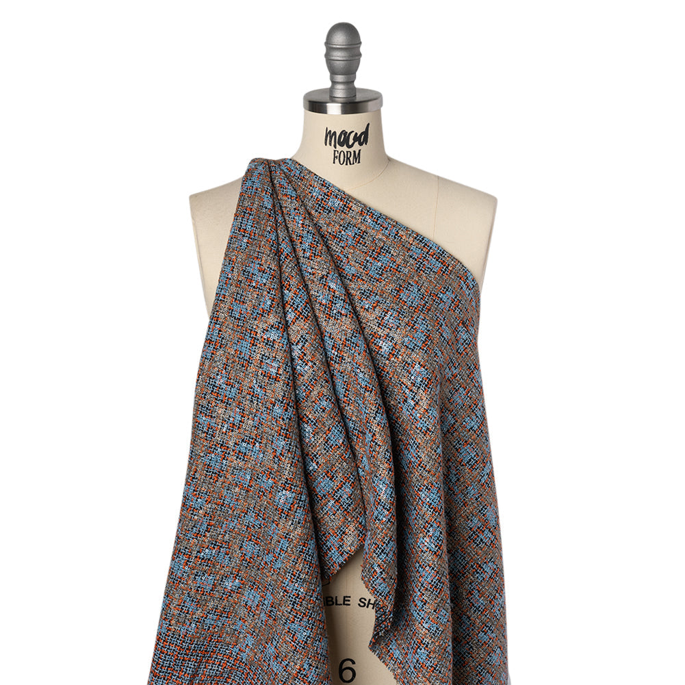 Polyester Tweed with Sequins - Sky Blue, Orange and Navy Plaid with Gold and Sky Blue Sequined Animal Spots