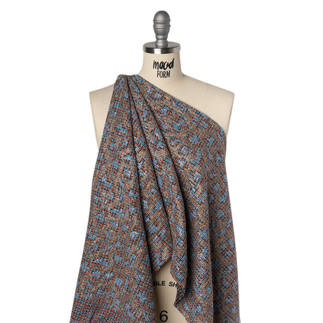 Polyester Tweed with Sequins - Sky Blue, Orange and Navy Plaid with Gold and Sky Blue Sequined Animal Spots