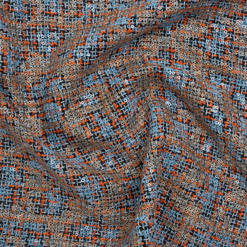 Polyester Tweed with Sequins - Sky Blue, Orange and Navy Plaid with Gold and Sky Blue Sequined Animal Spots