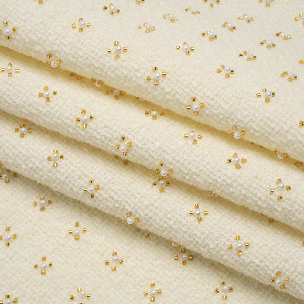 Embellished Acrylic and Wool Tweed with Backing - Off-White Tweed with Pearl and Gold Beaded Tiny Flower Grid