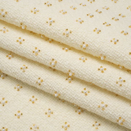 Embellished Acrylic and Wool Tweed with Backing - Off-White Tweed with Pearl and Gold Beaded Tiny Flower Grid