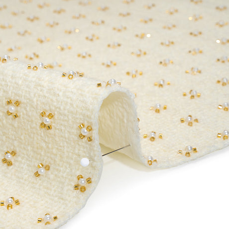 Embellished Acrylic and Wool Tweed with Backing - Off-White Tweed with Pearl and Gold Beaded Tiny Flower Grid