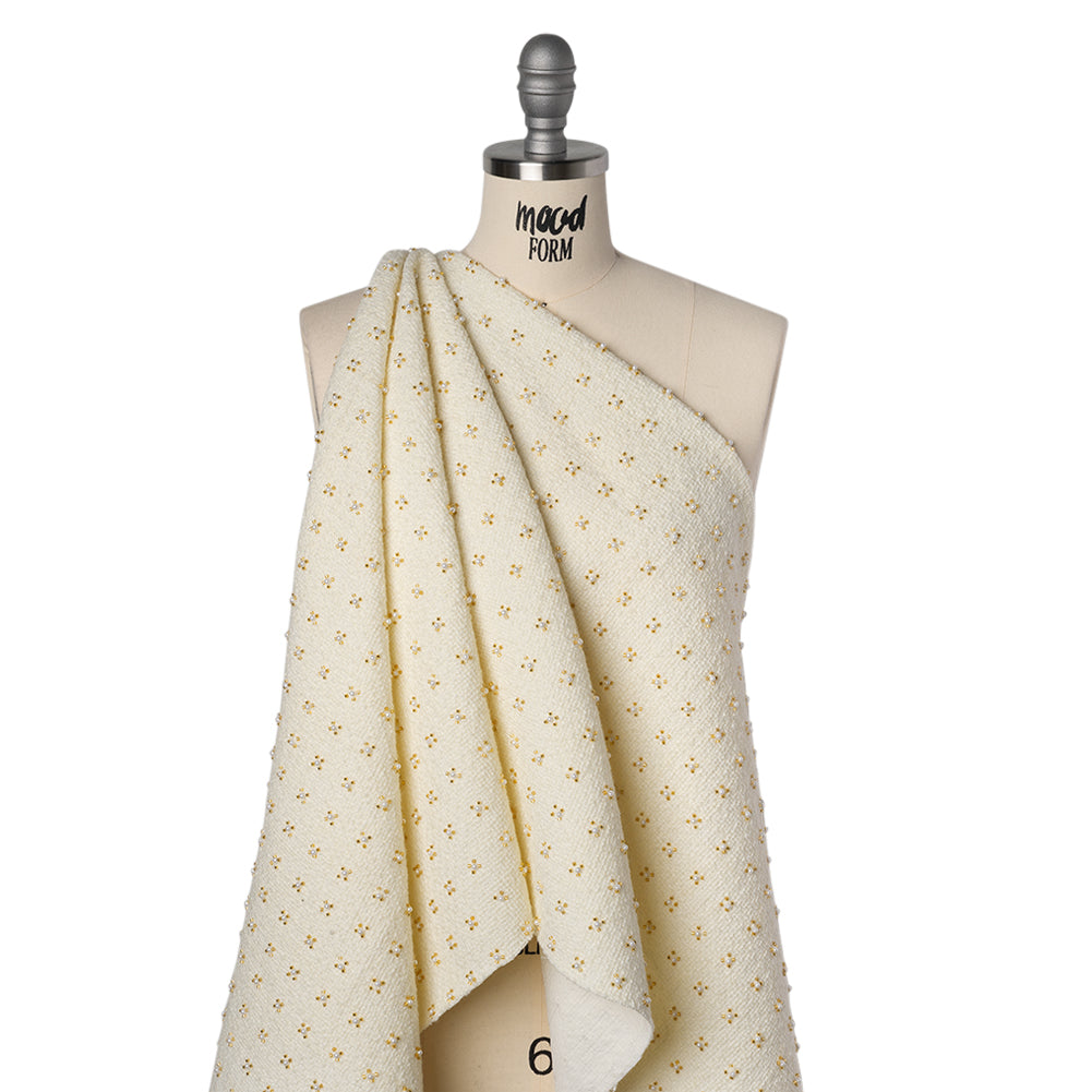 Embellished Acrylic and Wool Tweed with Backing - Off-White Tweed with Pearl and Gold Beaded Tiny Flower Grid